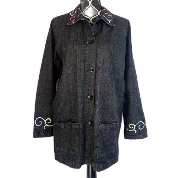 Denim & Co Black Button Front Denim Tunic Cotton Shirt Embroidered Size Small - Picture 1 of 10